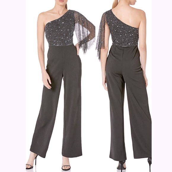 Adrianna Papell beaded one shoulder drape jumpsuit